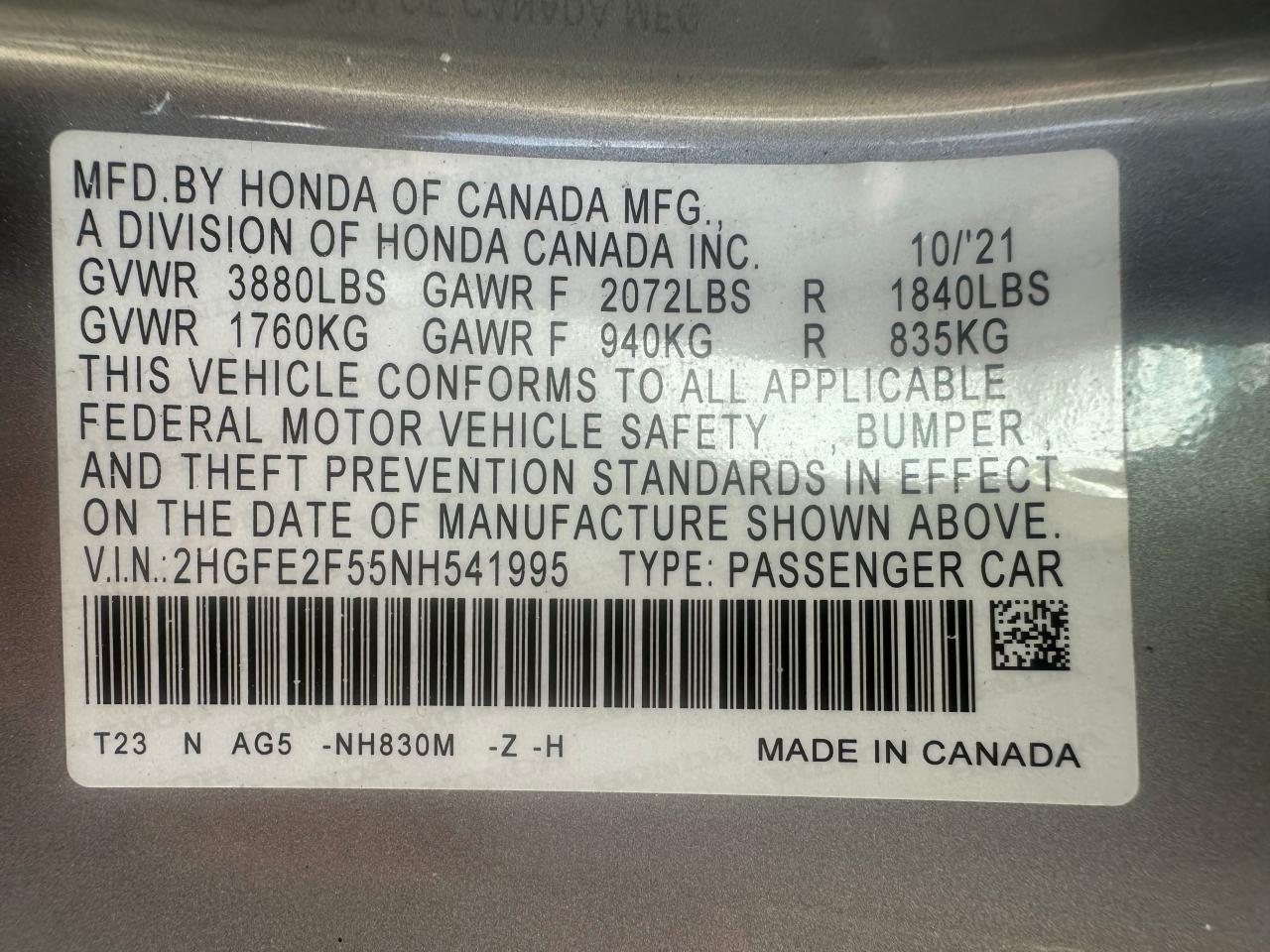 2022 HONDA CIVIC SPORT VIN:2HGFE2F55NH541995