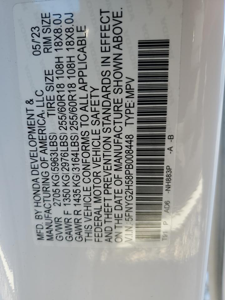 2023 HONDA PILOT EXL VIN:5FNYG2H58PB008448