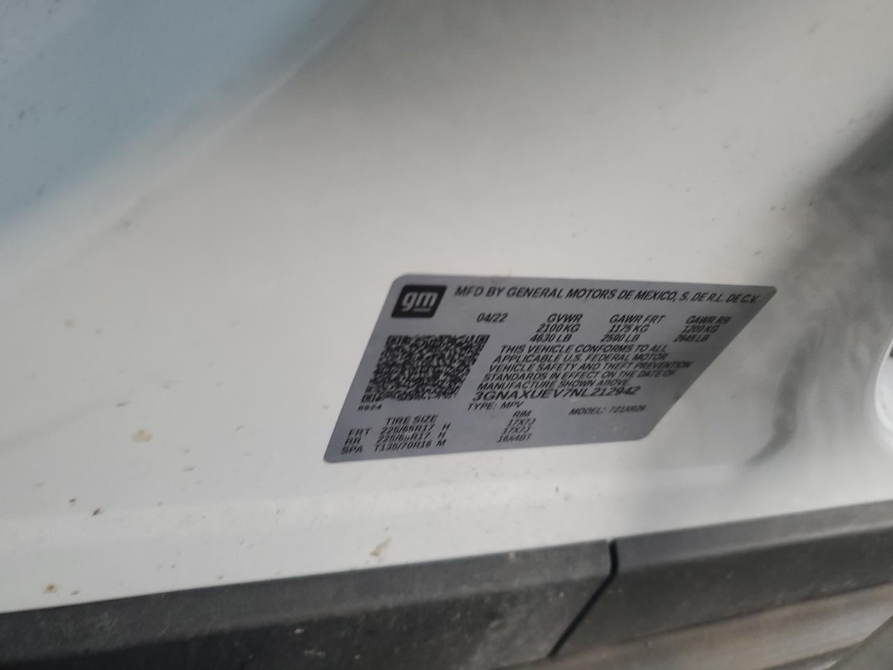 2022 CHEVROLET EQUINOX LT VIN:3GNAXUEV7NL212942