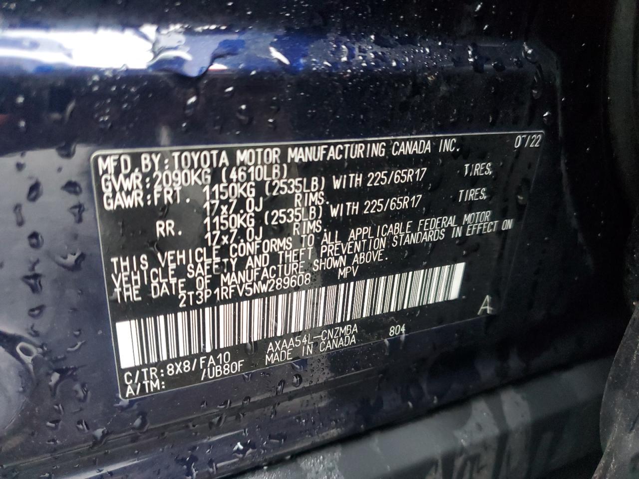 2022 TOYOTA RAV4 XLE VIN:2T3P1RFV5NW289608