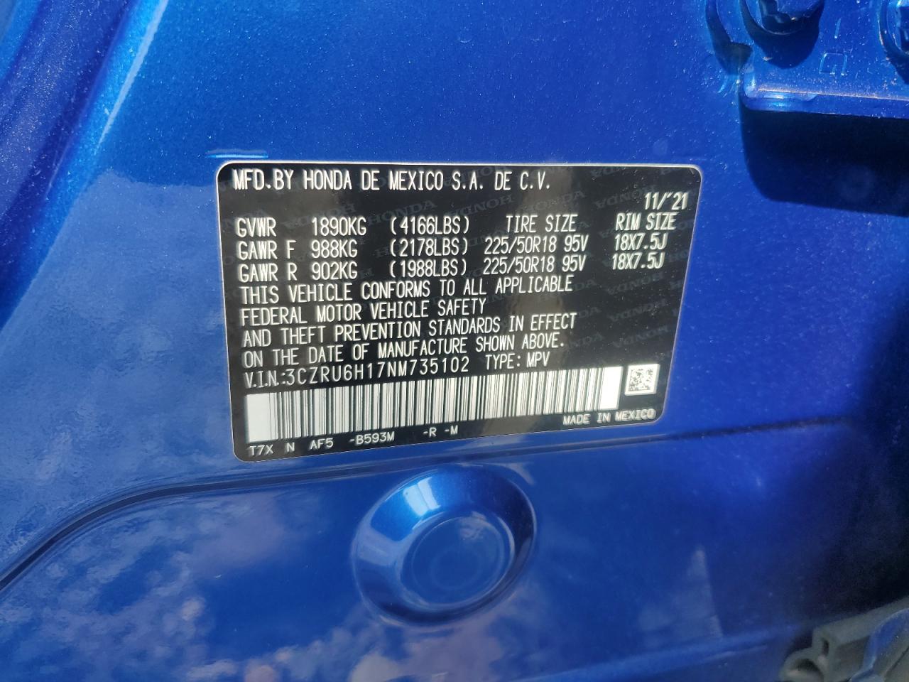 2022 HONDA HR-V SPORT VIN:3CZRU6H17NM735102