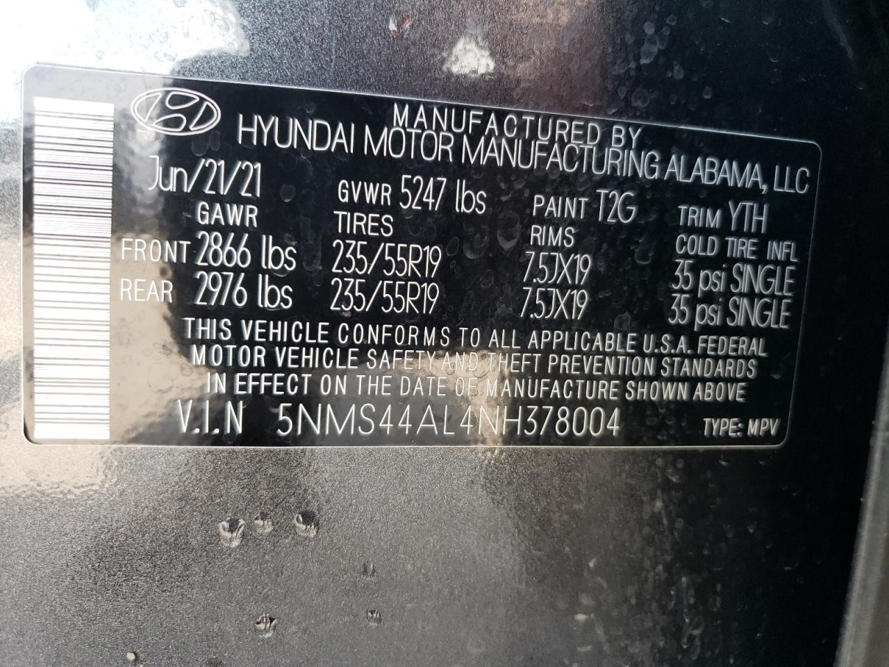 2022 HYUNDAI SANTA FE LIMITED VIN:5NMS44AL4NH378004