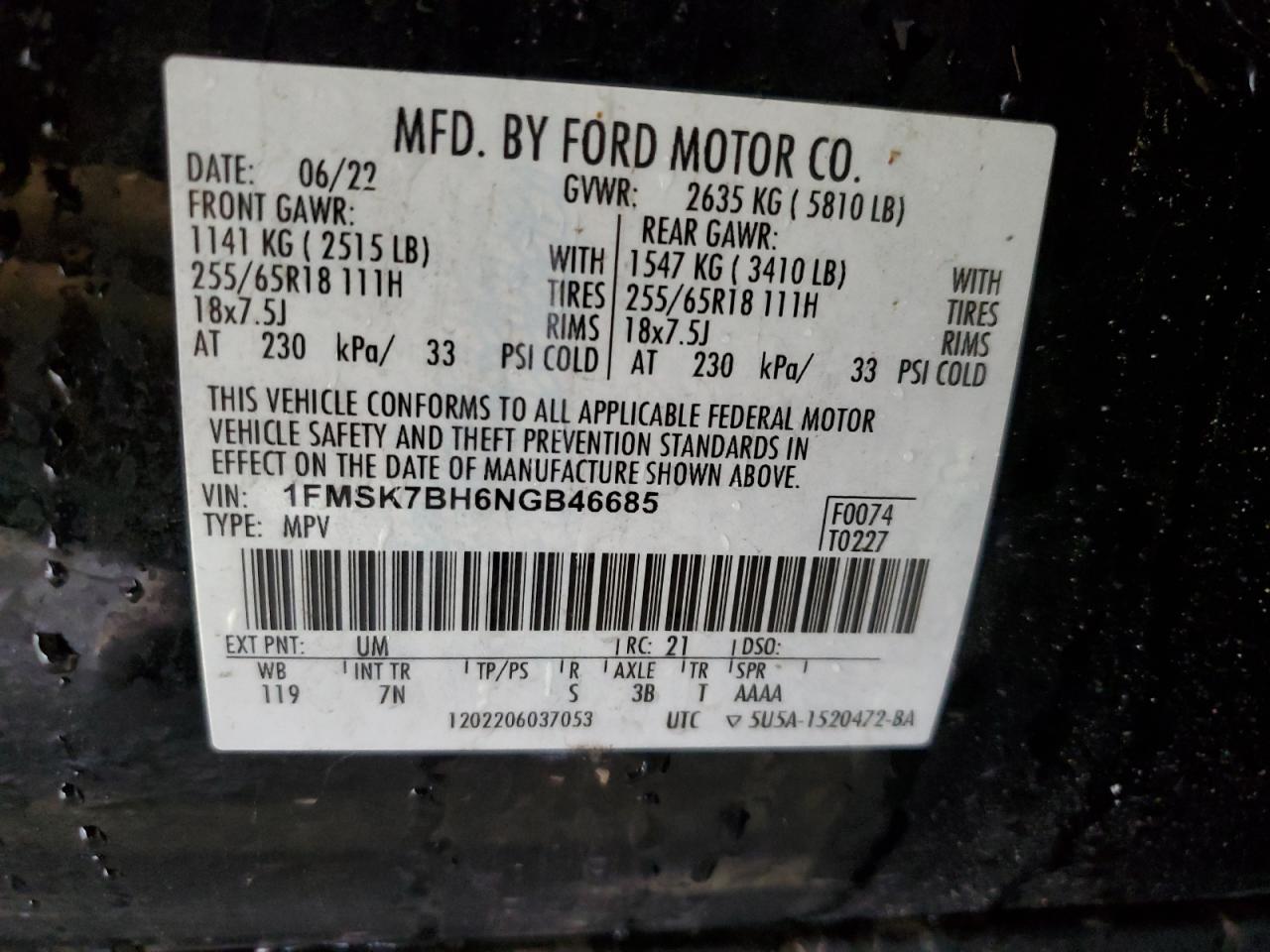 2022 FORD EXPLORER  VIN:1FMSK7BH6NGB46685