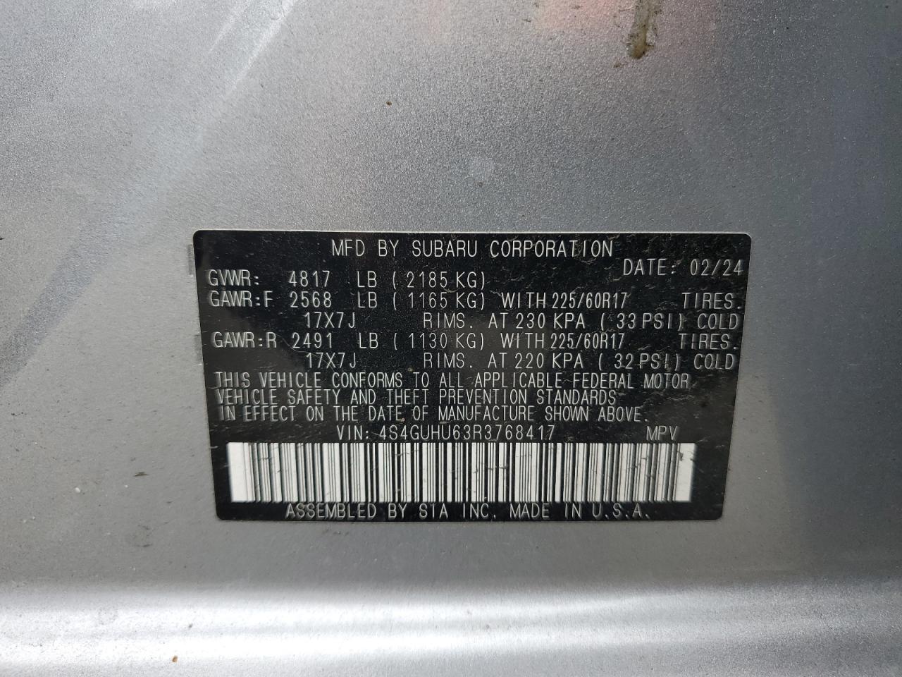 2024 SUBARU CROSSTREK WILDERNESS VIN:4S4GUHU63R3768417