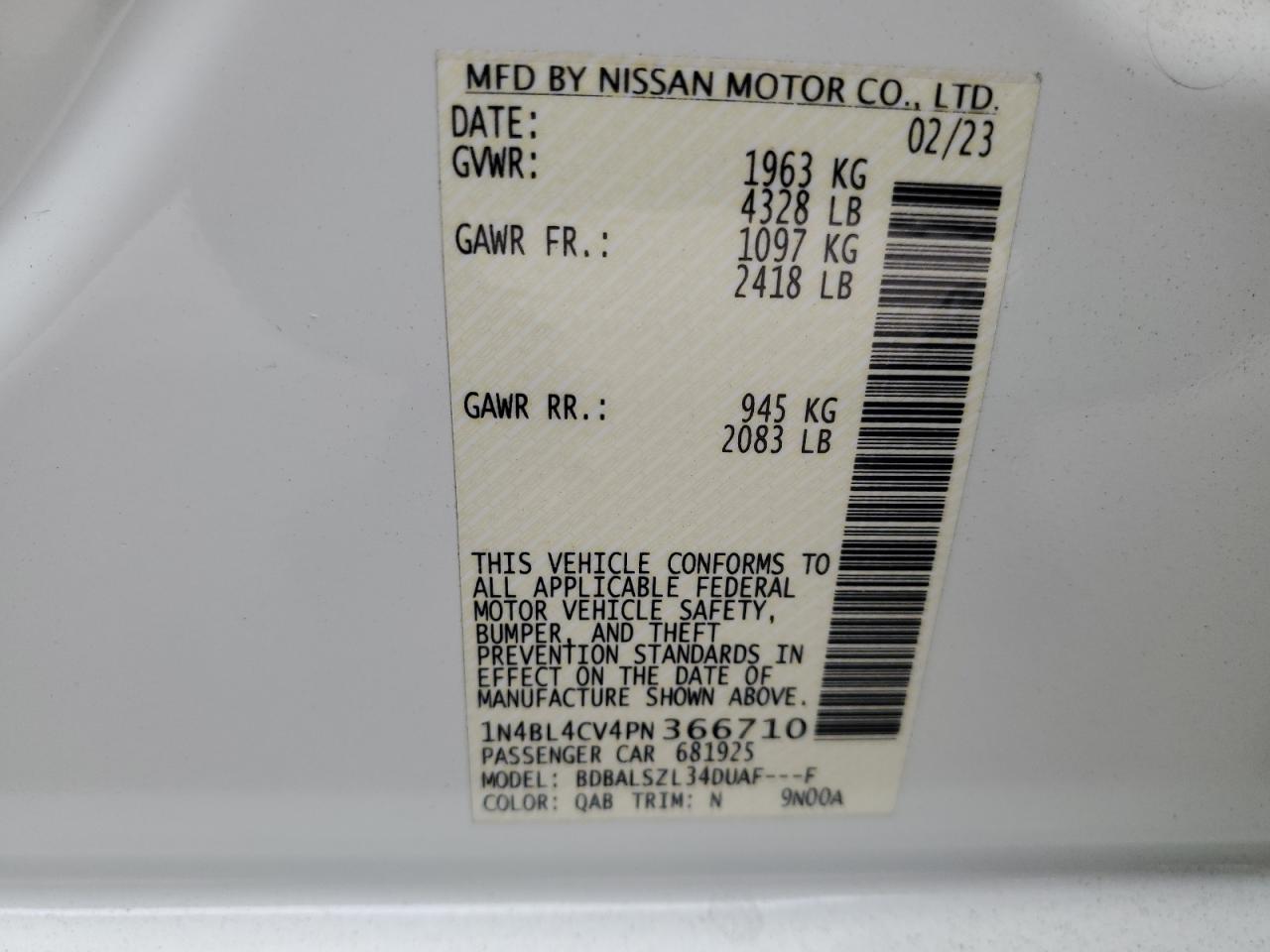 2023 NISSAN ALTIMA SR VIN:1N4BL4CV4PN366710