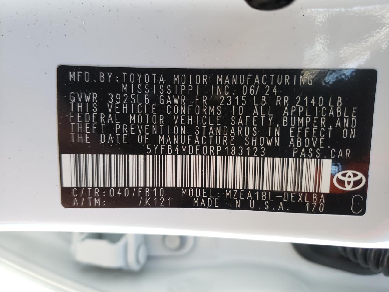 2024 TOYOTA COROLLA LE VIN:5YFB4MDE0RP183123