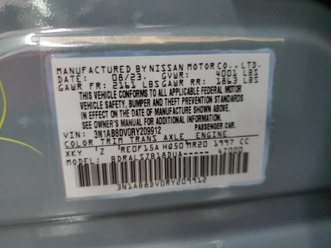 2024 NISSAN SENTRA SR VIN:3N1AB8DV0RY209912