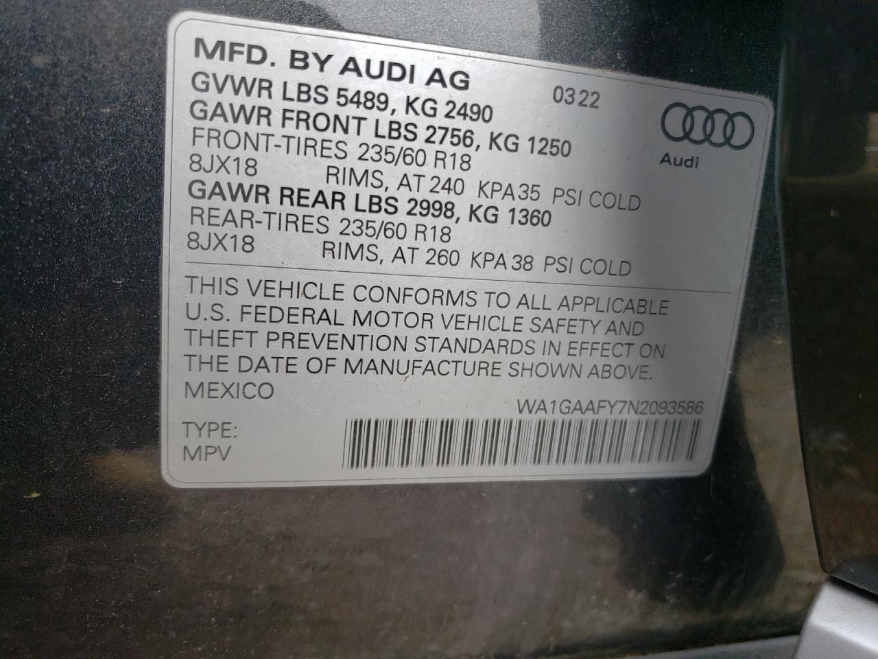 2022 AUDI Q5 PREMIUM 45 VIN:WA1GAAFY7N2093586