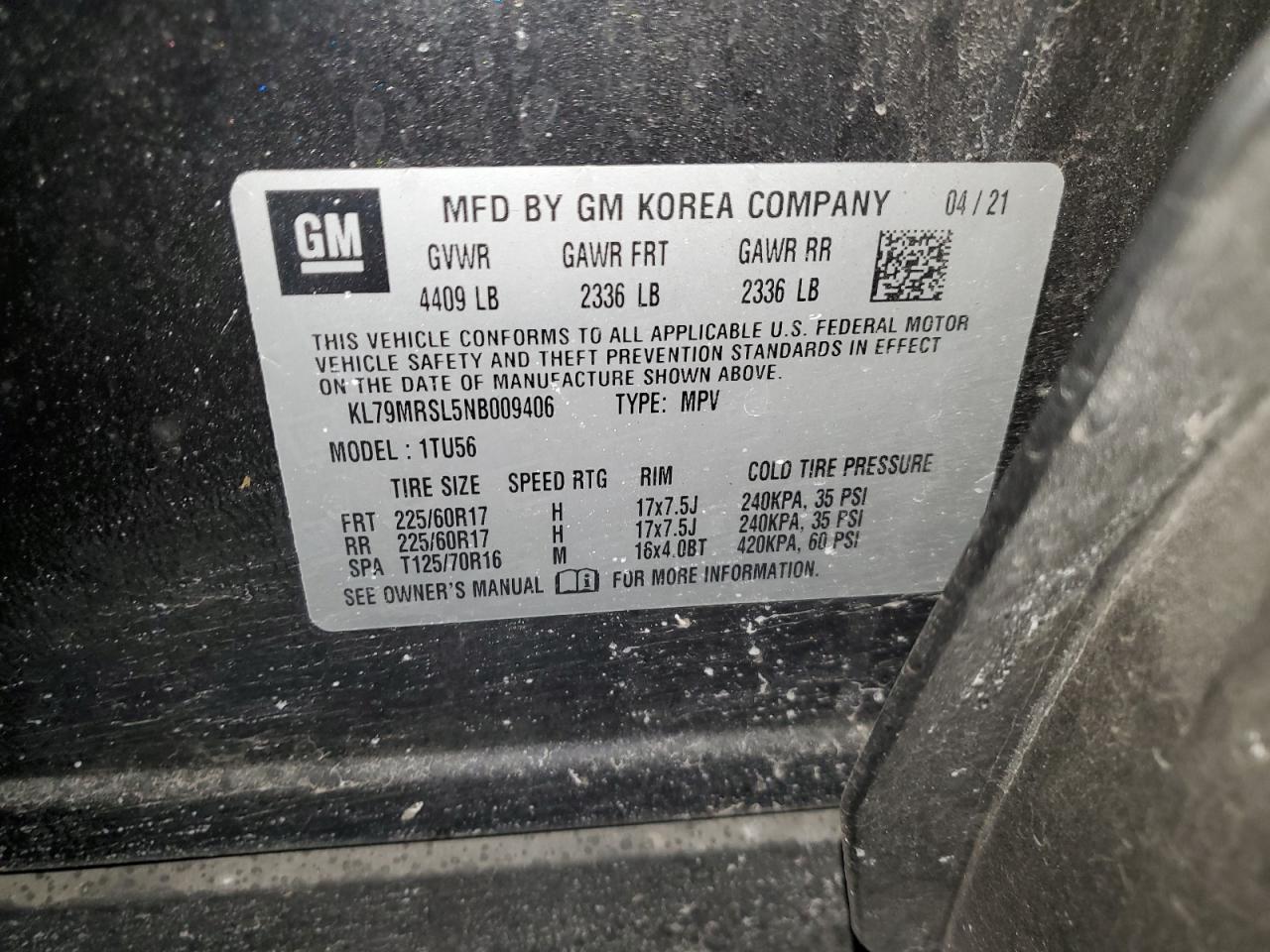 2022 CHEVROLET TRAILBLAZER LT VIN:KL79MRSL5NB009406