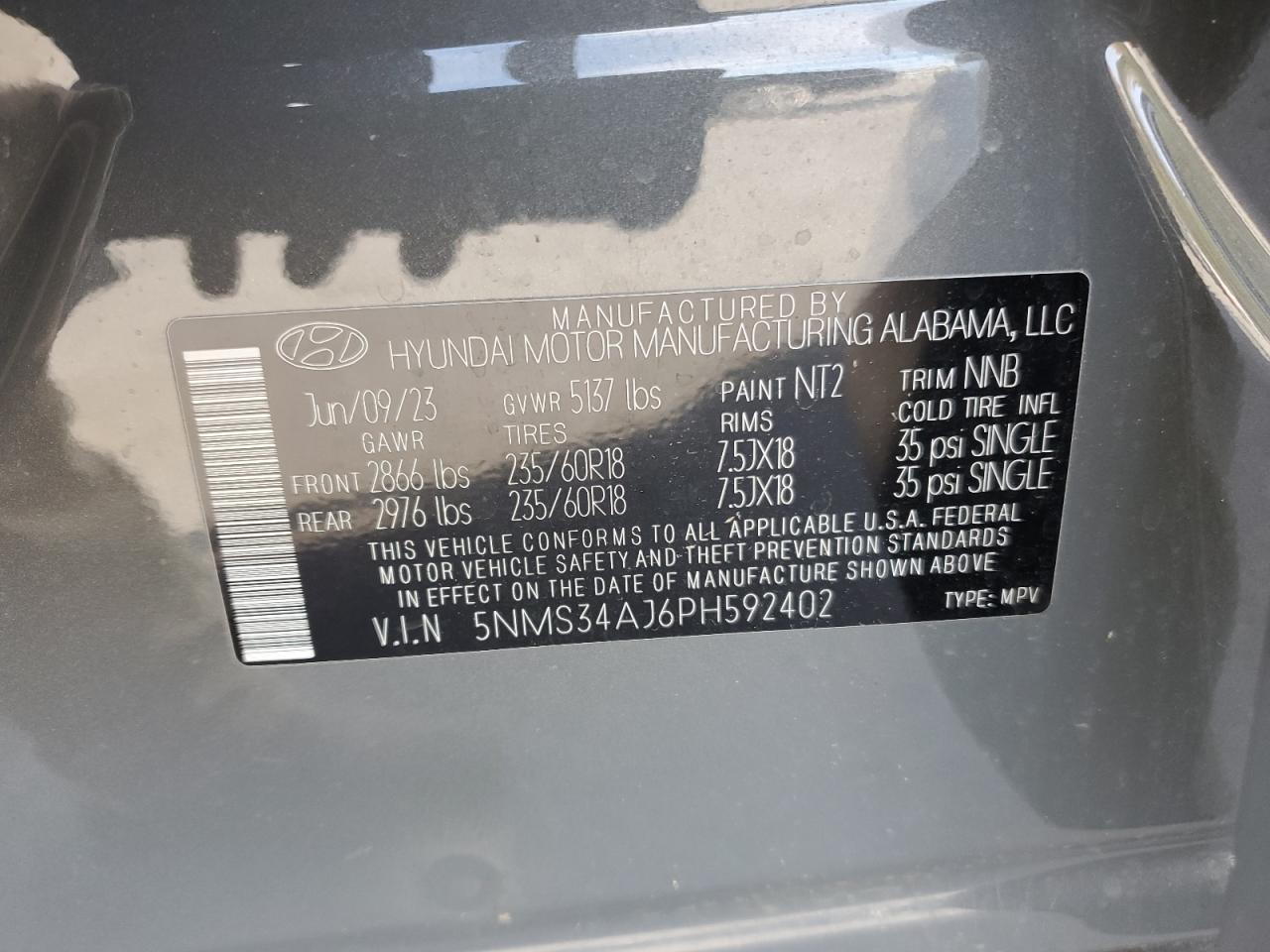 2023 HYUNDAI SANTA FE SEL PREMIUM VIN:5NMS34AJ6PH592402