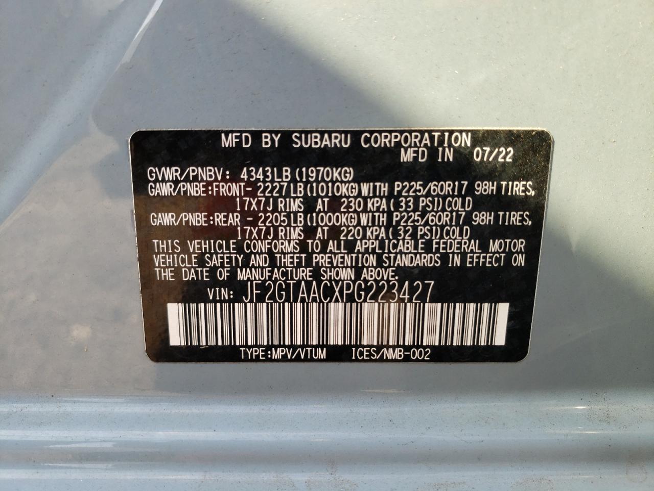 2023 SUBARU CROSSTREK  VIN:JF2GTAACXPG223427