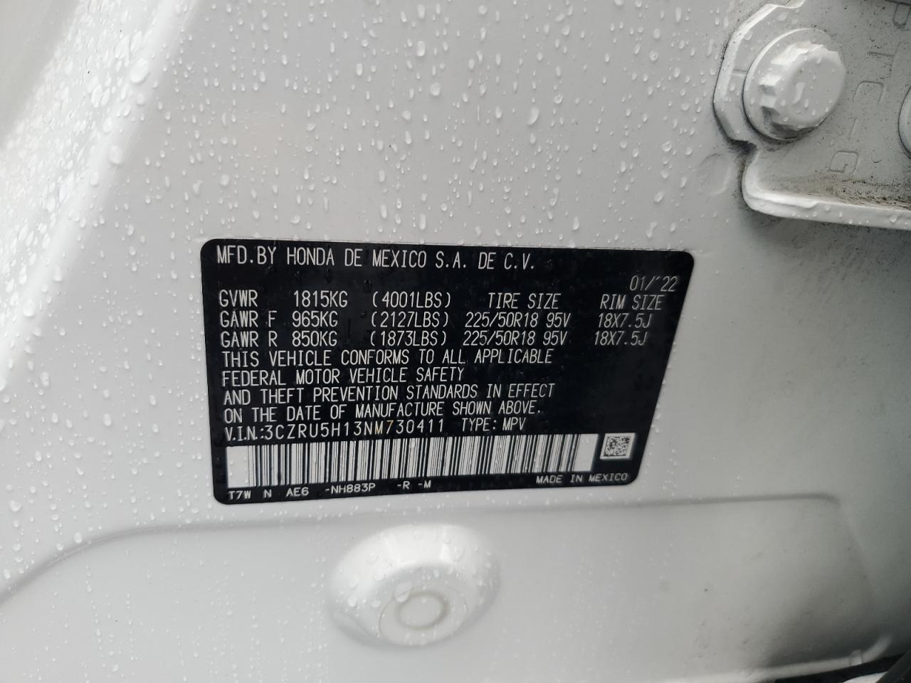 2022 HONDA HR-V SPORT VIN:3CZRU5H13NM730411