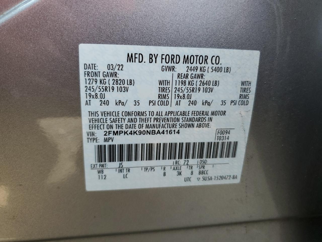 2022 FORD EDGE TITANIUM VIN:2FMPK4K90NBA41614