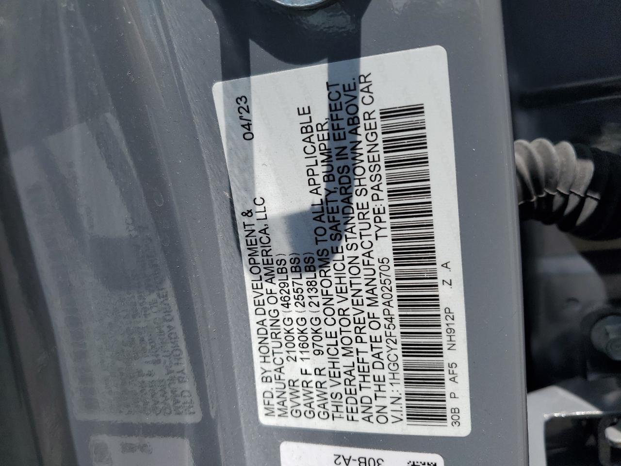 2023 HONDA ACCORD HYBRID SPORT VIN:1HGCY2F54PA025705