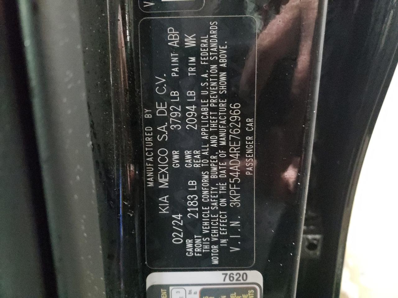 2024 KIA FORTE GT LINE VIN:3KPF54AD4RE762966