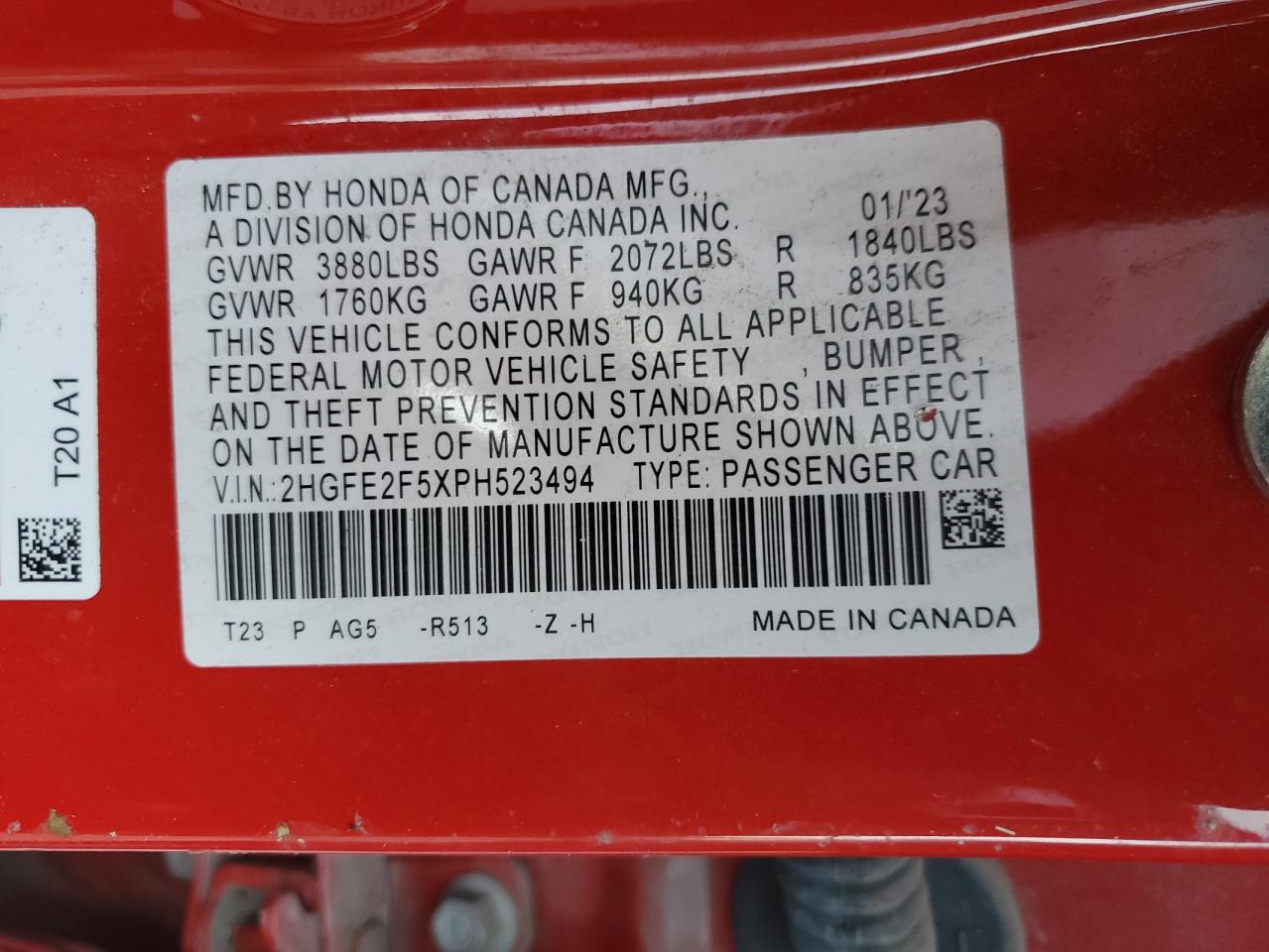 2023 HONDA CIVIC SPORT VIN:2HGFE2F5XPH523494