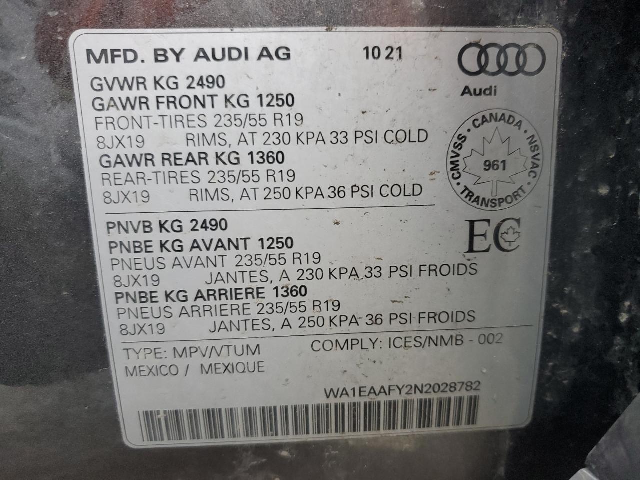 2022 AUDI Q5 PREMIUM PLUS 45 VIN:WA1EAAFY2N2028782