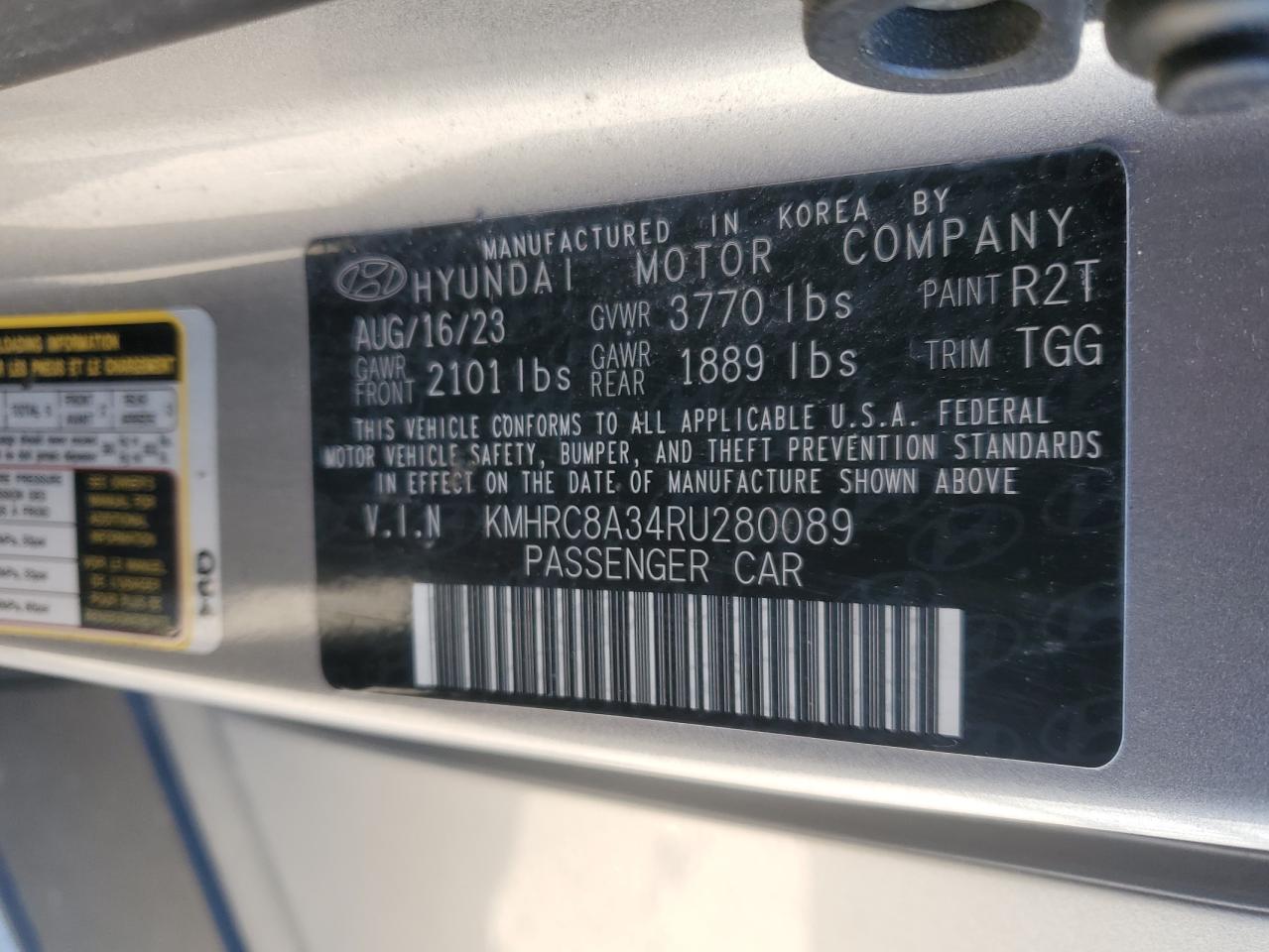 2024 HYUNDAI VENUE SEL VIN:2G1WF5E3XC1331193