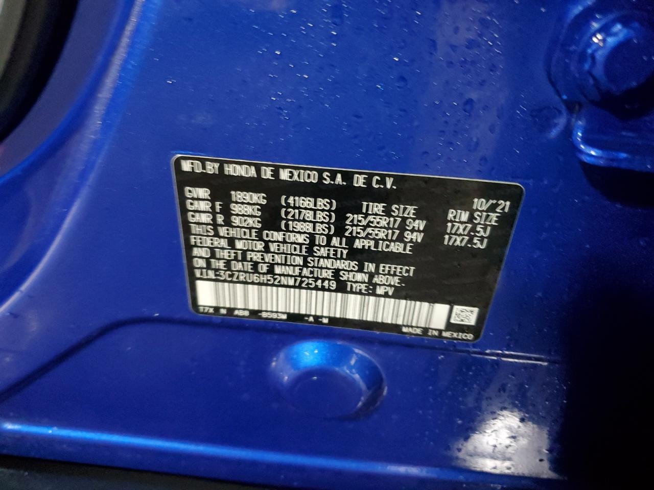 2022 HONDA HR-V EX VIN:3CZRU6H52NM725449