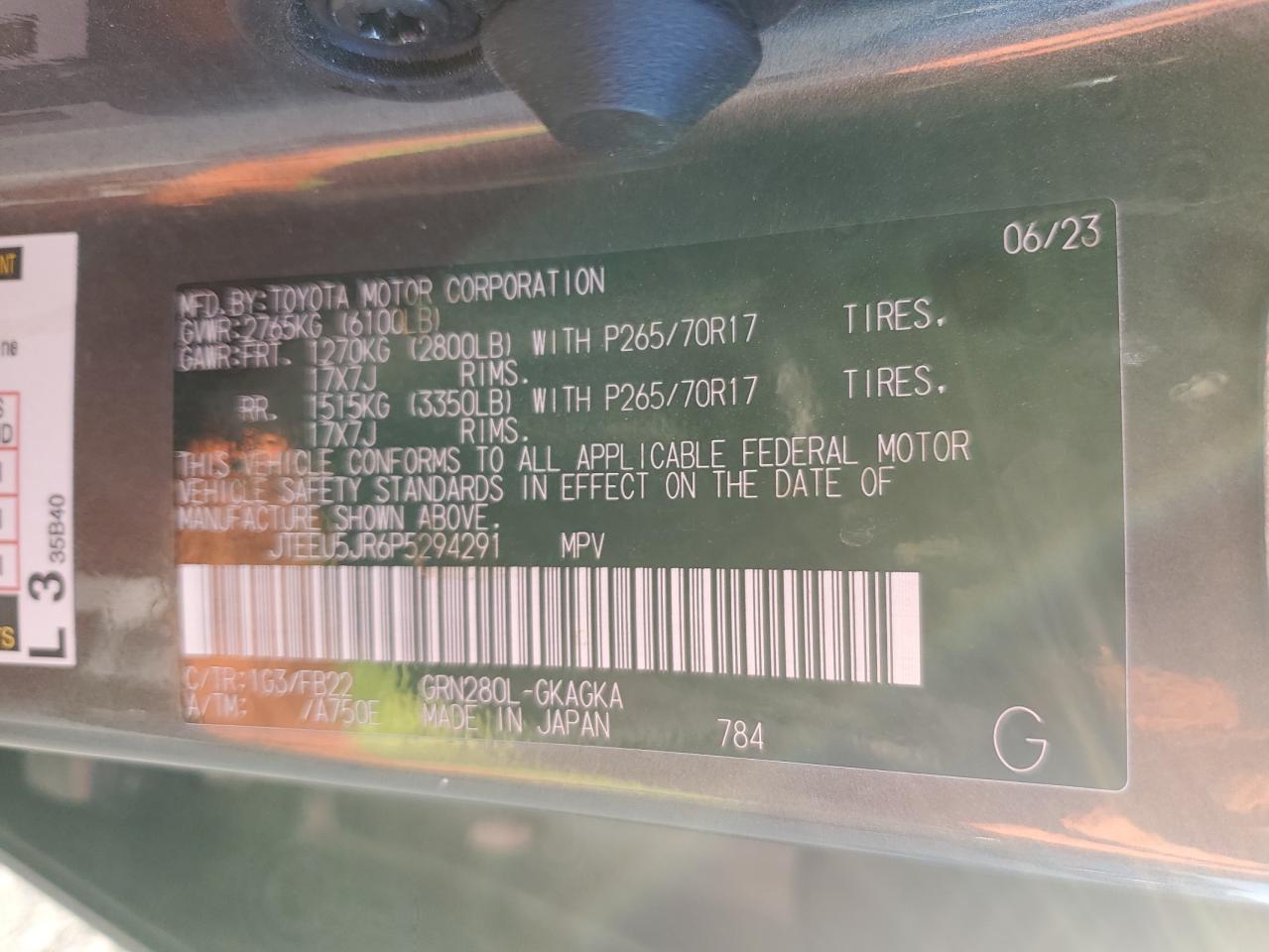2023 TOYOTA 4RUNNER SR5 VIN:JTEEU5JR6P5294291
