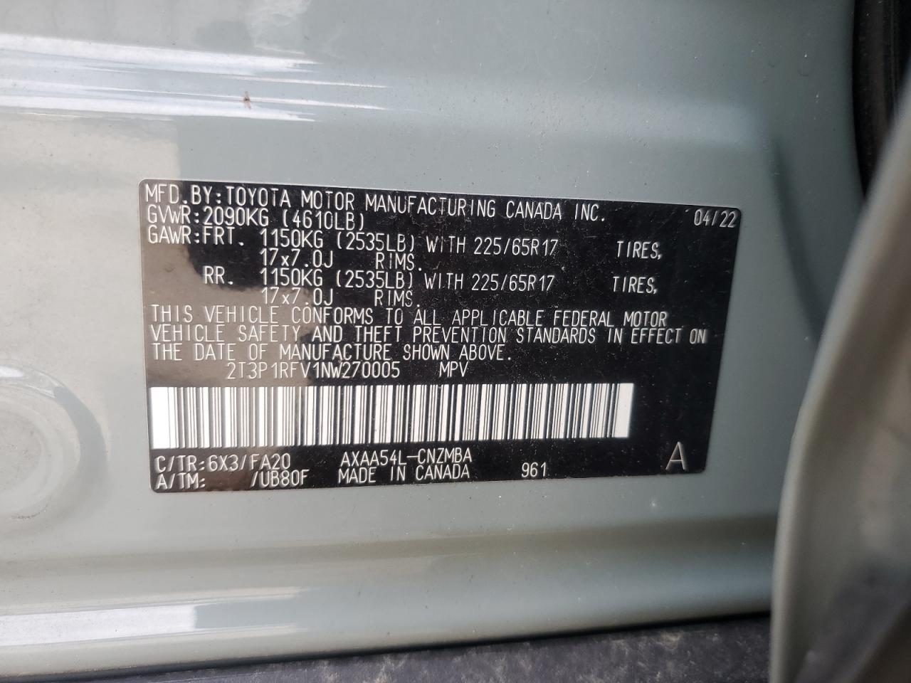 2022 TOYOTA RAV4 XLE VIN:2T3P1RFV1NW270005