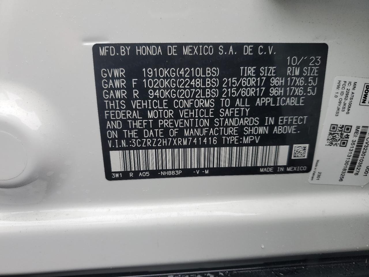 2024 HONDA HR-V EXL VIN:3CZRZ2H7XRM741416