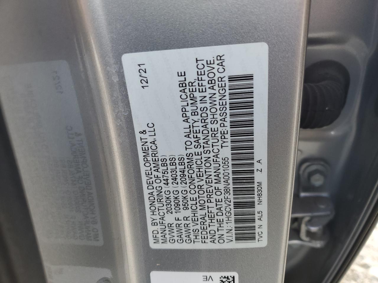 2022 HONDA ACCORD SPORT VIN:1HGCV2F38NA001055