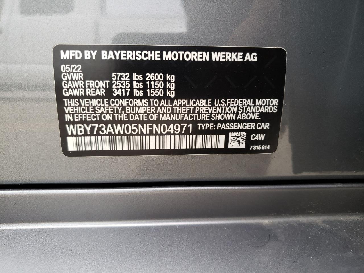 2022 BMW I4 EDRIVE 40 VIN:WBY73AW05NFN04971