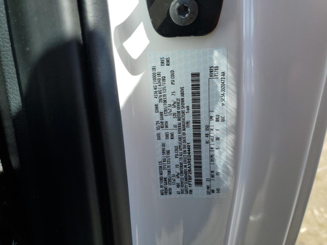 2024 FORD F250 SUPER DUTY VIN:1FTBF2BA3RED44401