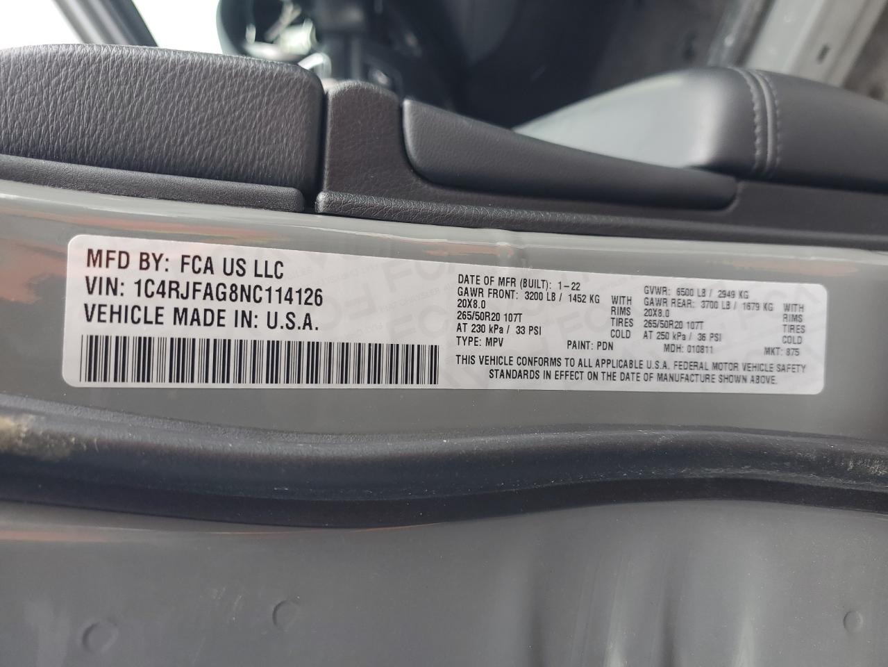 2022 JEEP GRAND CHEROKEE LAREDO E VIN:1C4RJFAG8NC114126