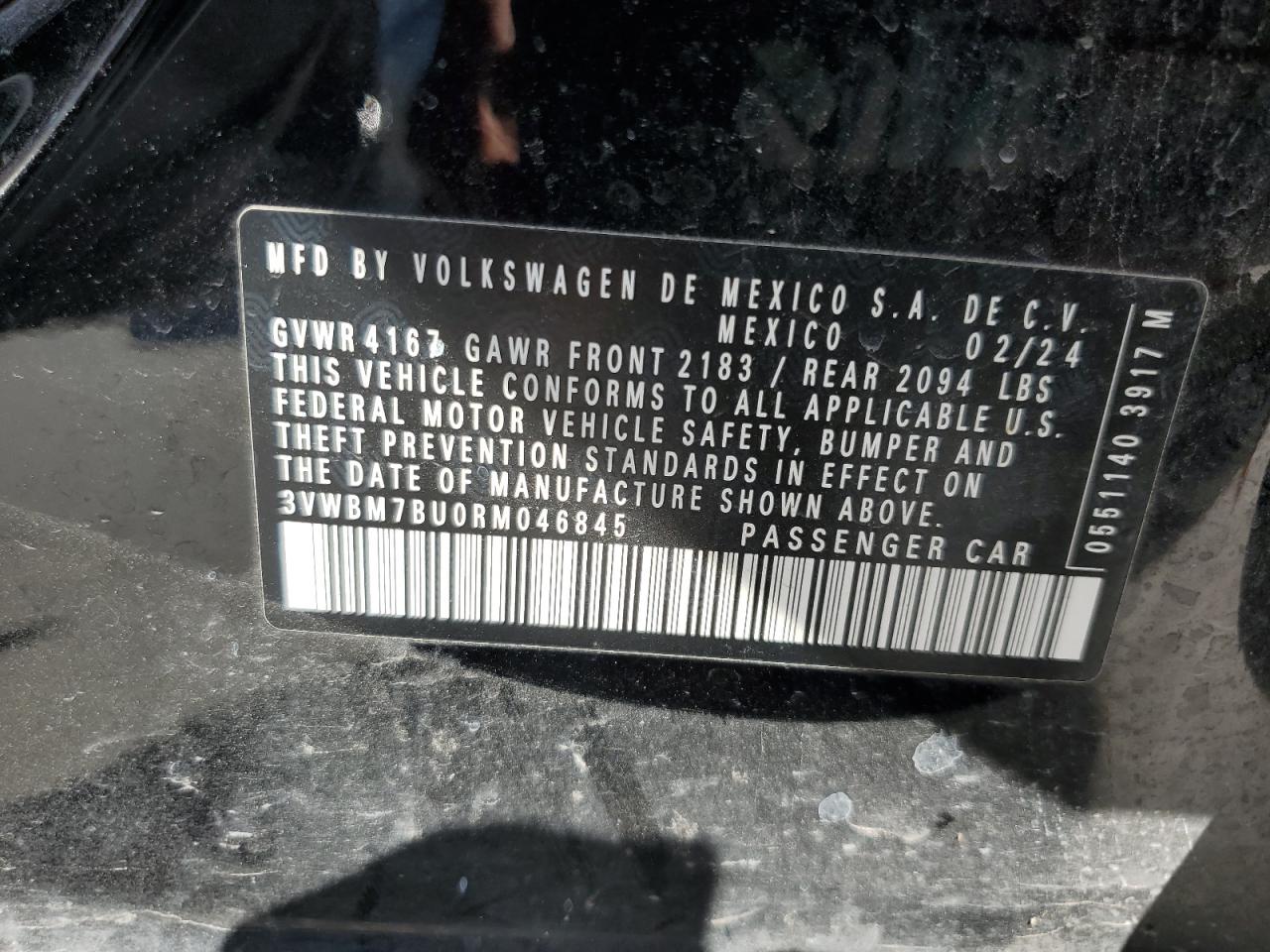 2024 VOLKSWAGEN JETTA SPORT VIN:3VWBM7BU0RM046845