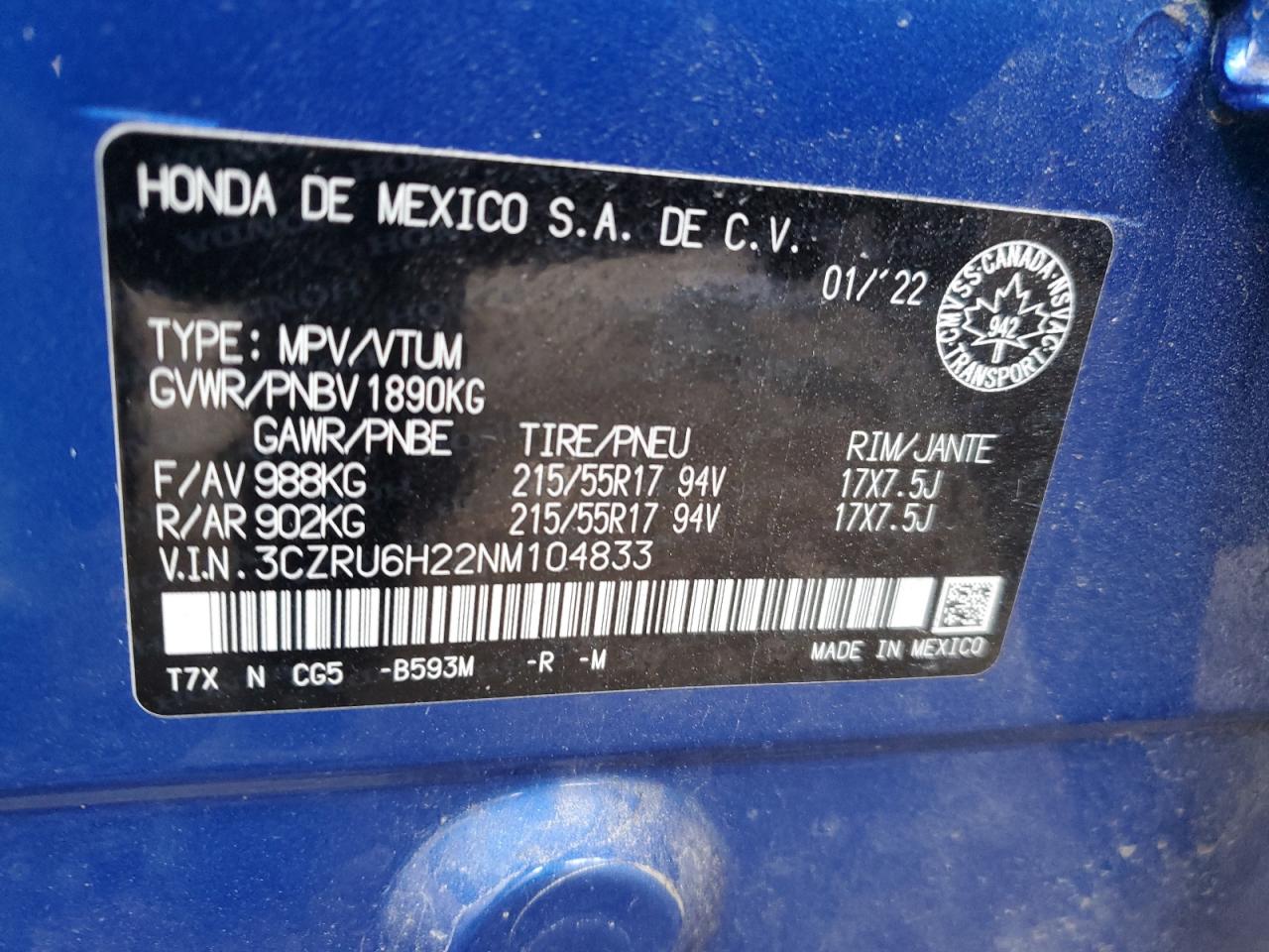 2022 HONDA HR-V SPORT VIN:3CZRU6H22NM104833