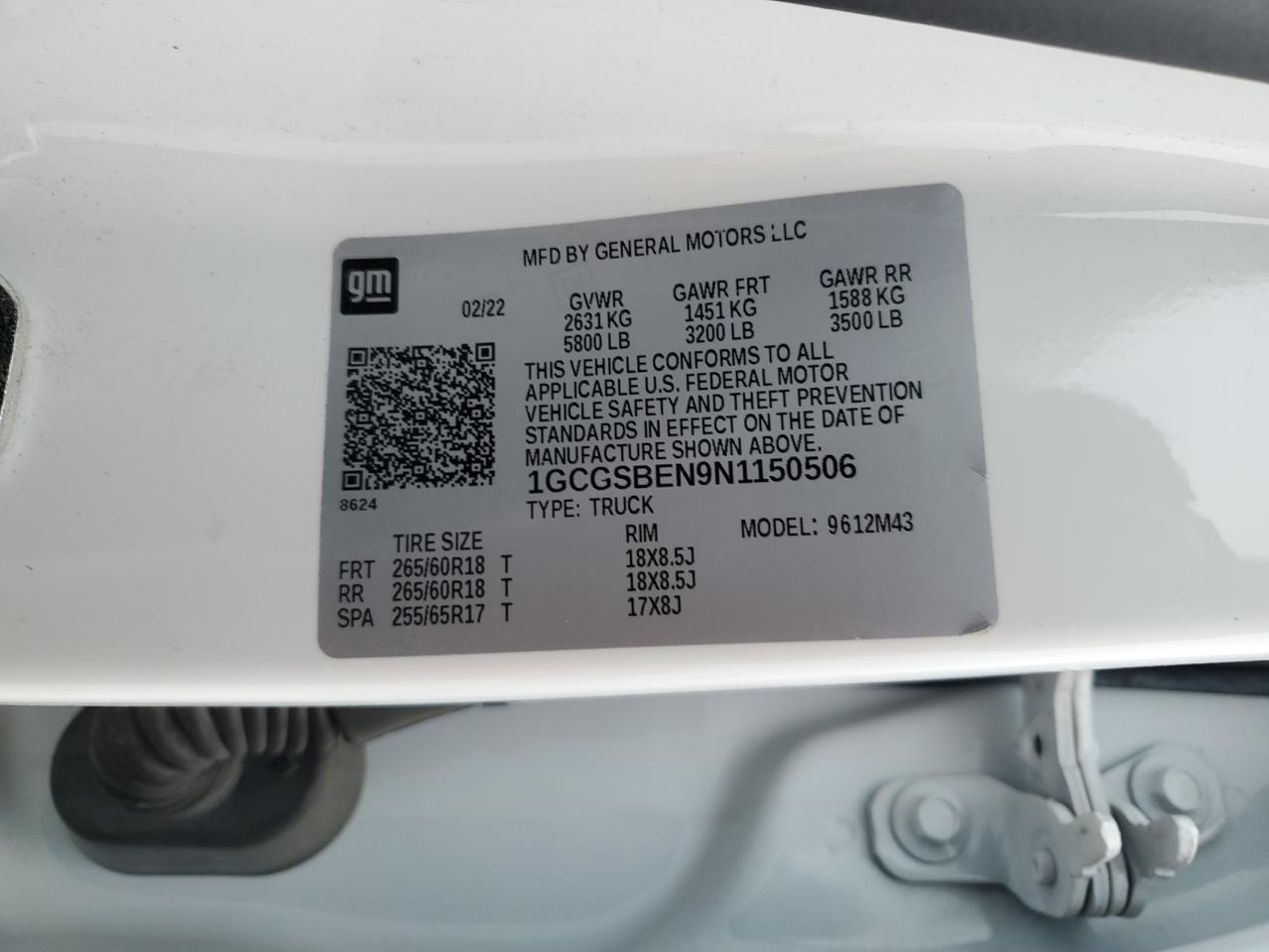 2022 CHEVROLET COLORADO  VIN:1GCGSBEN9N1150506