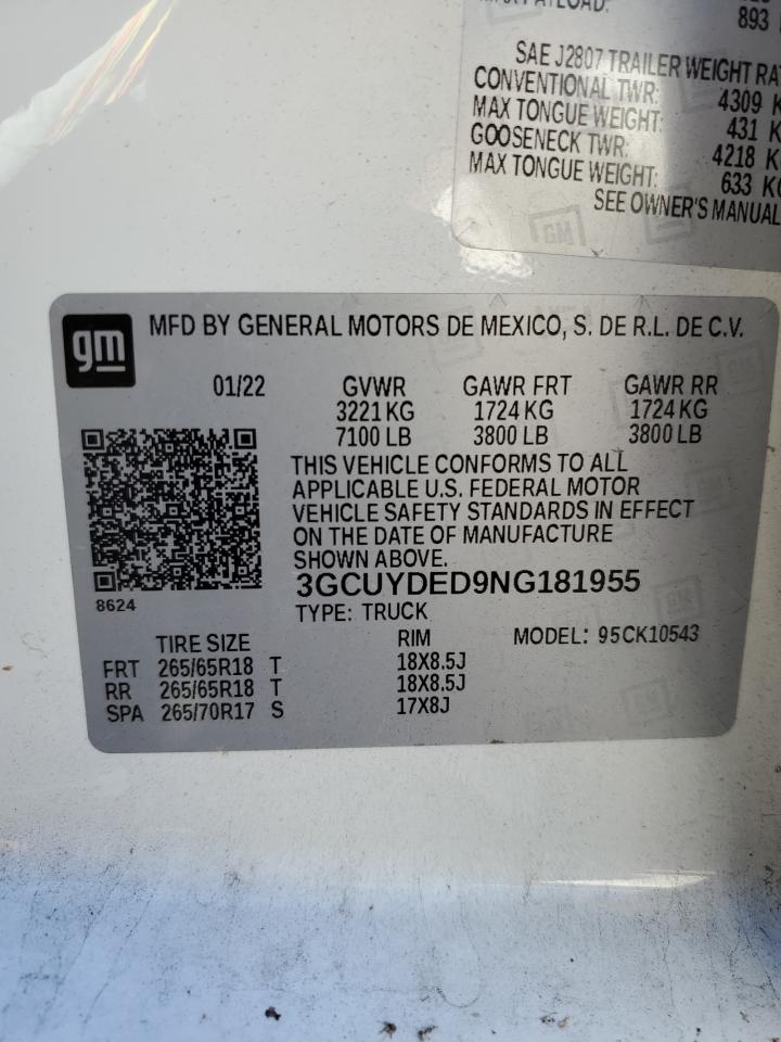 2022 CHEVROLET SILVERADO LTD K1500 LT VIN:3GCUYDED9NG181955