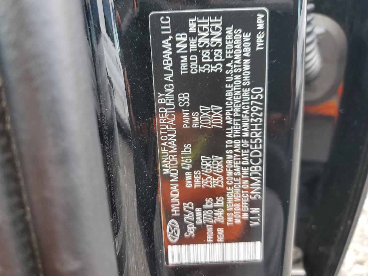 2024 HYUNDAI TUCSON SEL VIN:5NMJBCDE5RH329750