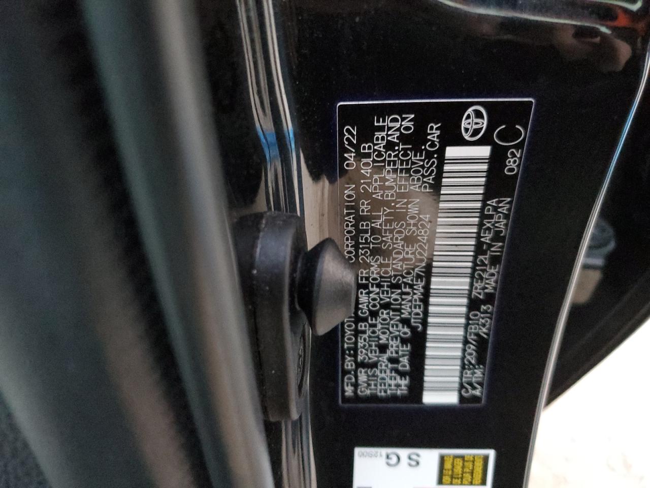 2022 TOYOTA COROLLA LE VIN:JTDEPMAE7NJ224824