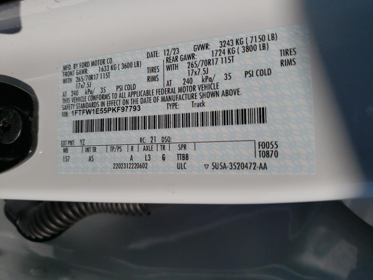 2023 FORD F150 SUPERCREW VIN:1FTFW1E55PKF97793