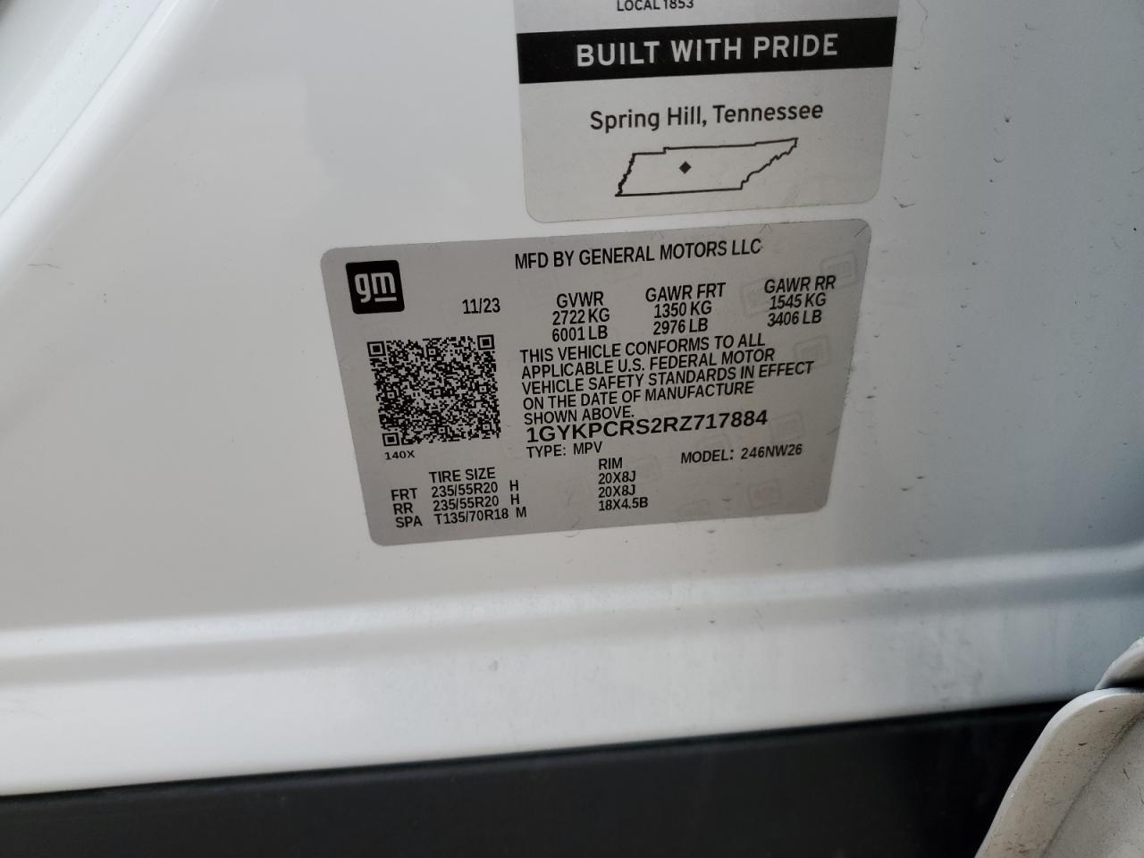 2024 CADILLAC XT6 PREMIUM LUXURY VIN:1GYKPCRS2RZ717884