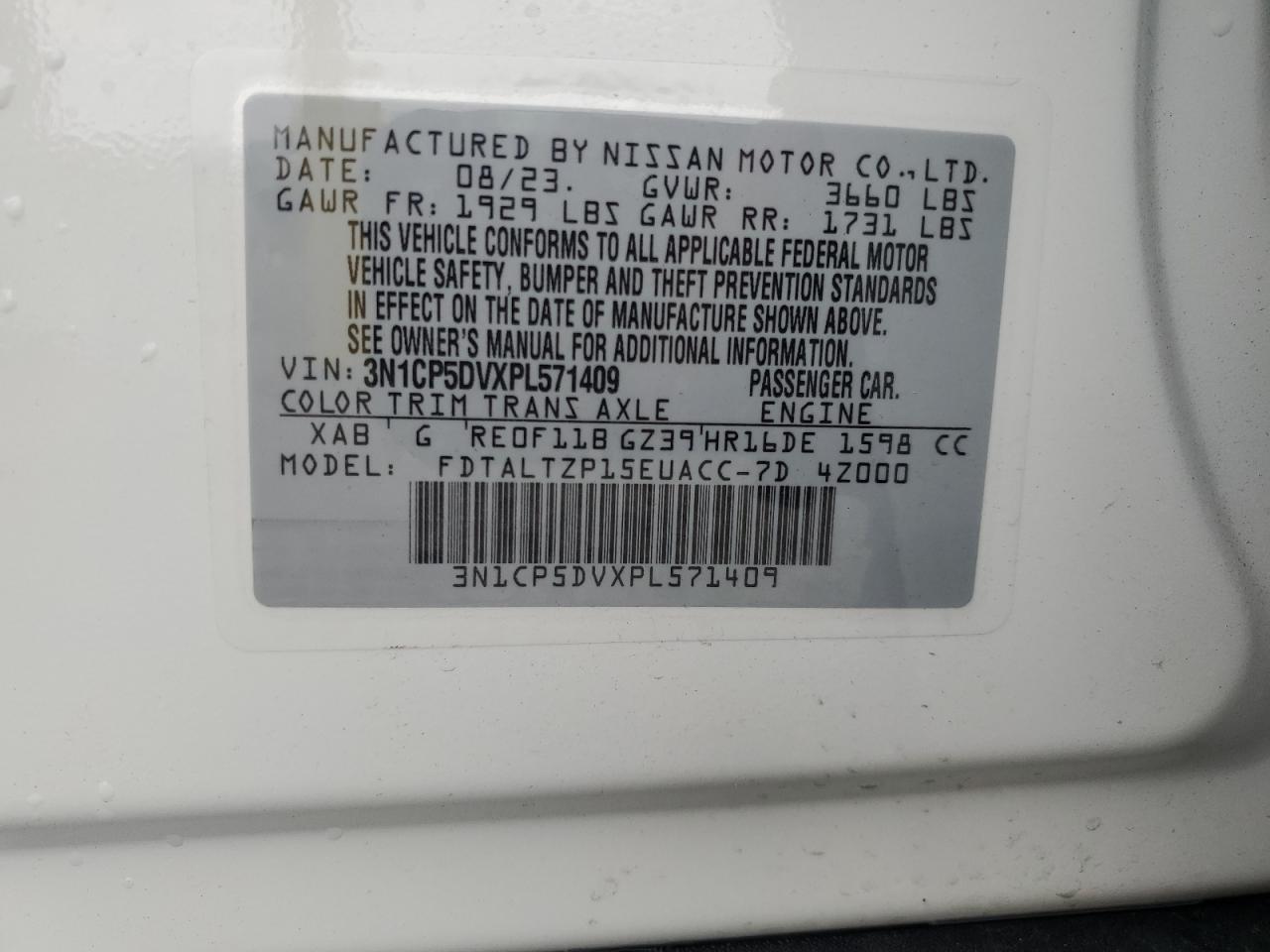 2023 NISSAN KICKS SR VIN:3N1CP5DVXPL571409