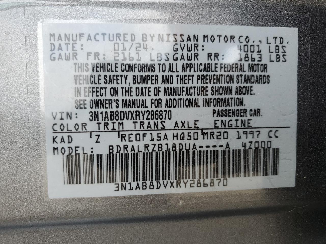 2024 NISSAN SENTRA SR VIN:3N1AB8DVXRY286870