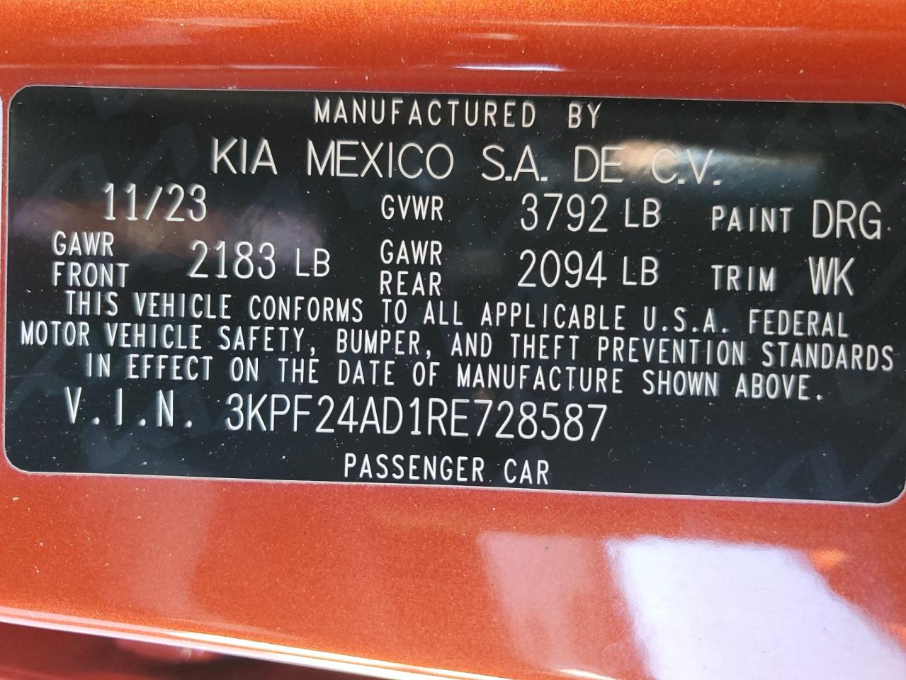 2024 KIA FORTE LX VIN:1C3CDZAB0DN681215