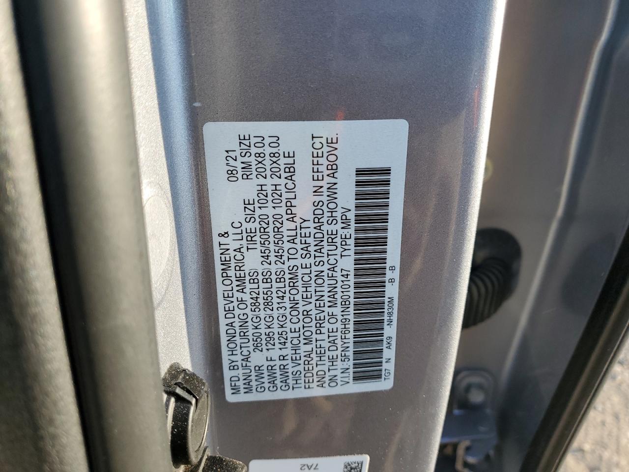 2022 HONDA PILOT TOURING VIN:5FNYF6H91NB010147