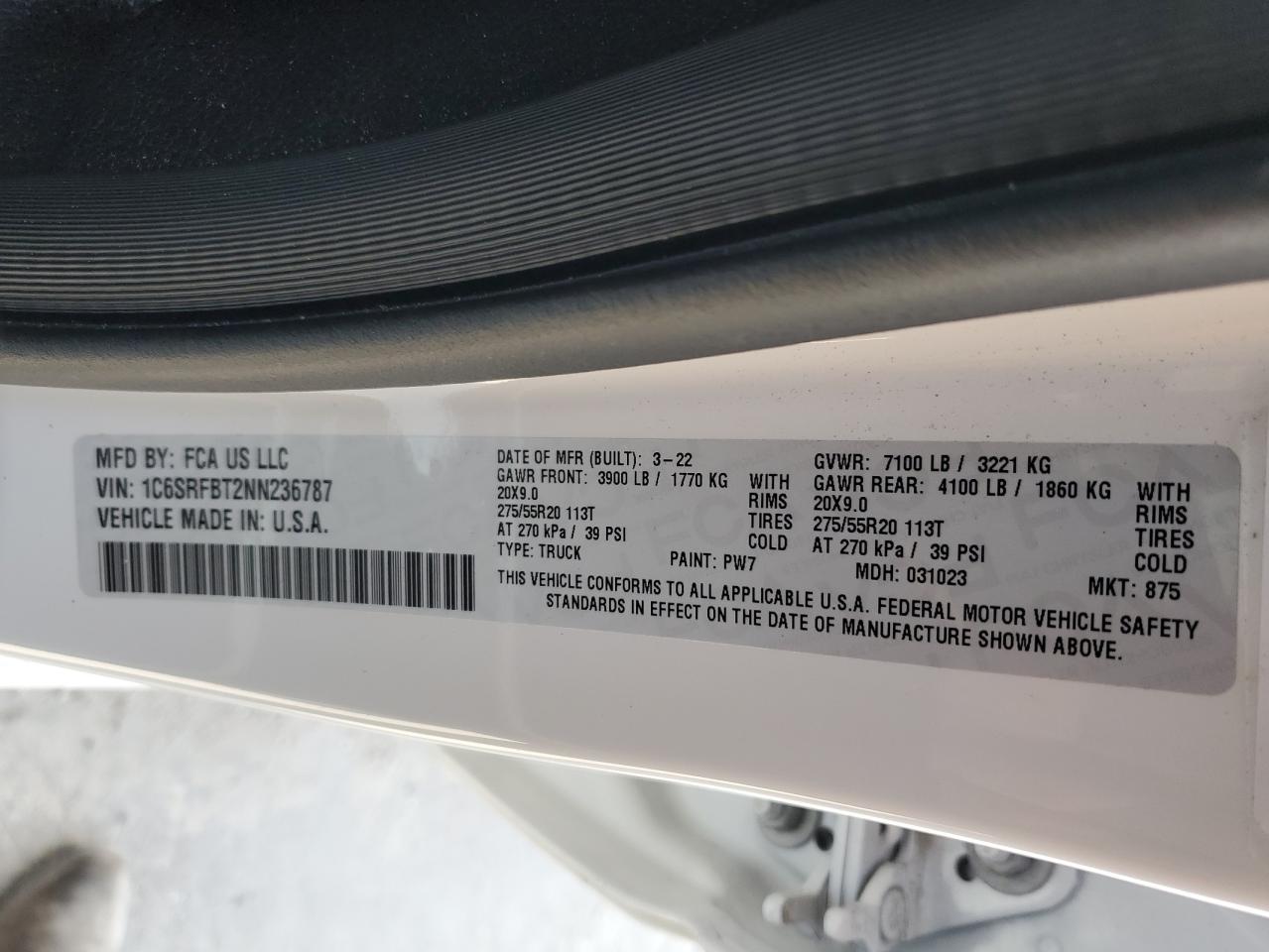 2022 RAM 1500 BIG HORN/LONE STAR VIN:1C6SRFBT2NN236787