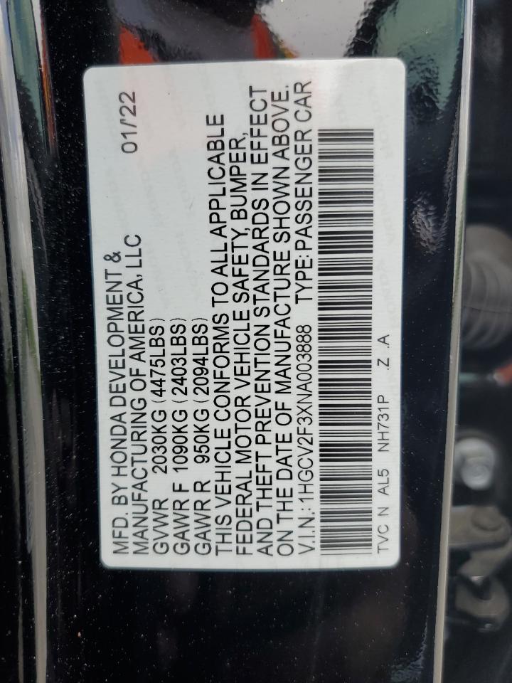 2022 HONDA ACCORD SPORT VIN:1HGCV2F3XNA003888