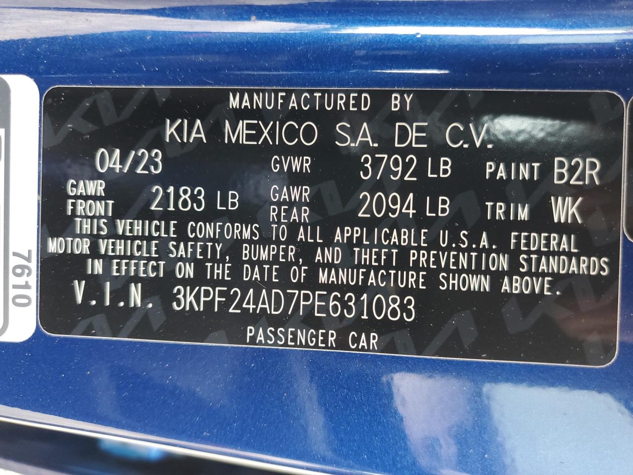 2023 KIA FORTE LX VIN:3KPF24AD7PE631083
