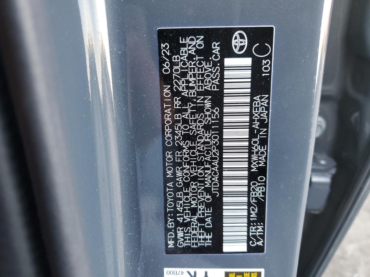 2023 TOYOTA PRIUS LE VIN:JTDACAAU2P3011156
