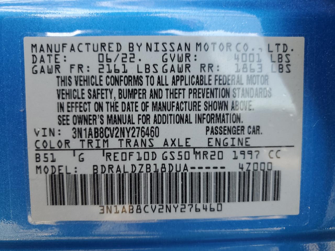 2022 NISSAN SENTRA SV VIN:3N1AB8CV2NY276460