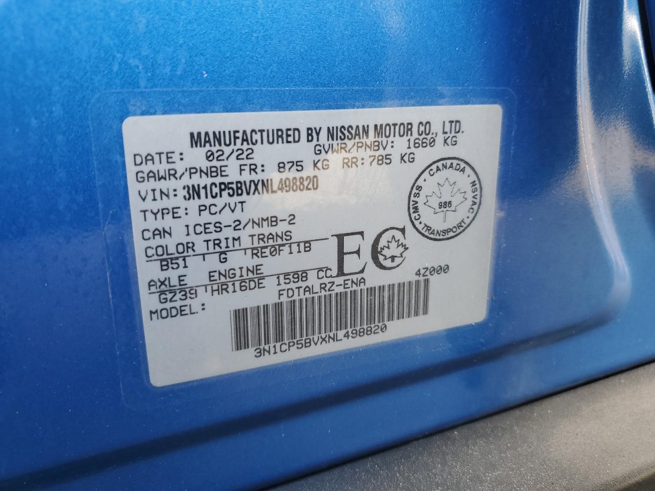 2022 NISSAN KICKS S VIN:3N1CP5BVXNL498820