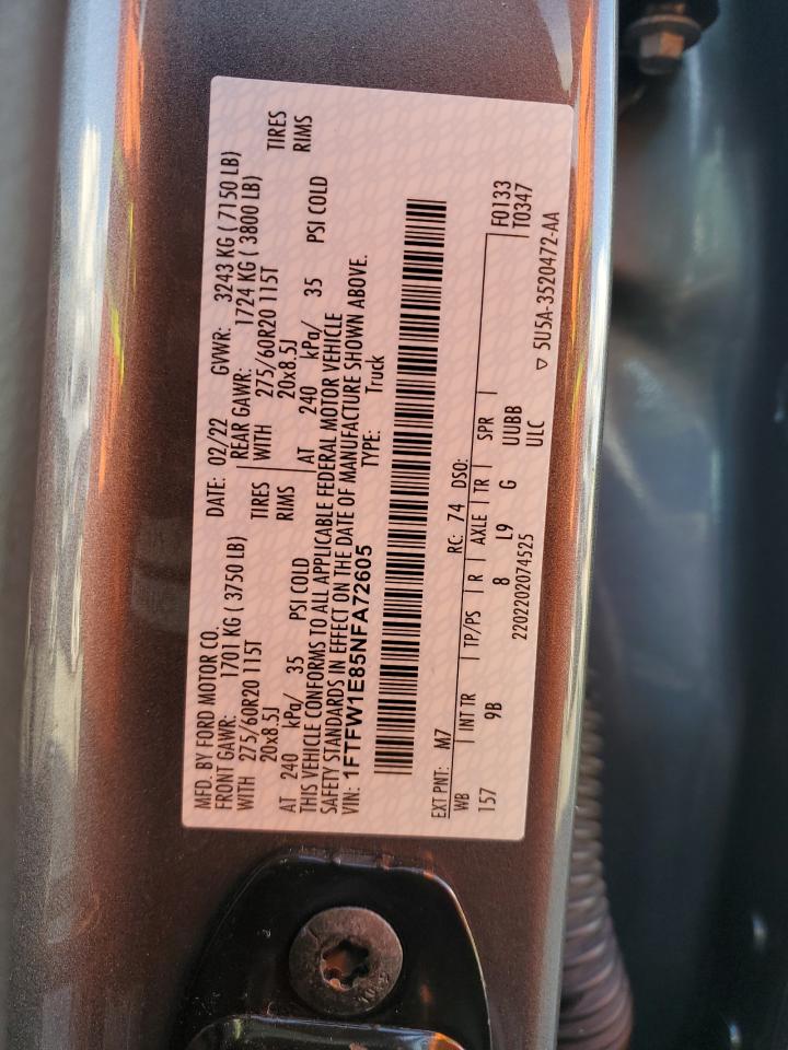 2022 FORD F150 SUPERCREW VIN:1FTFW1E85NFA72605