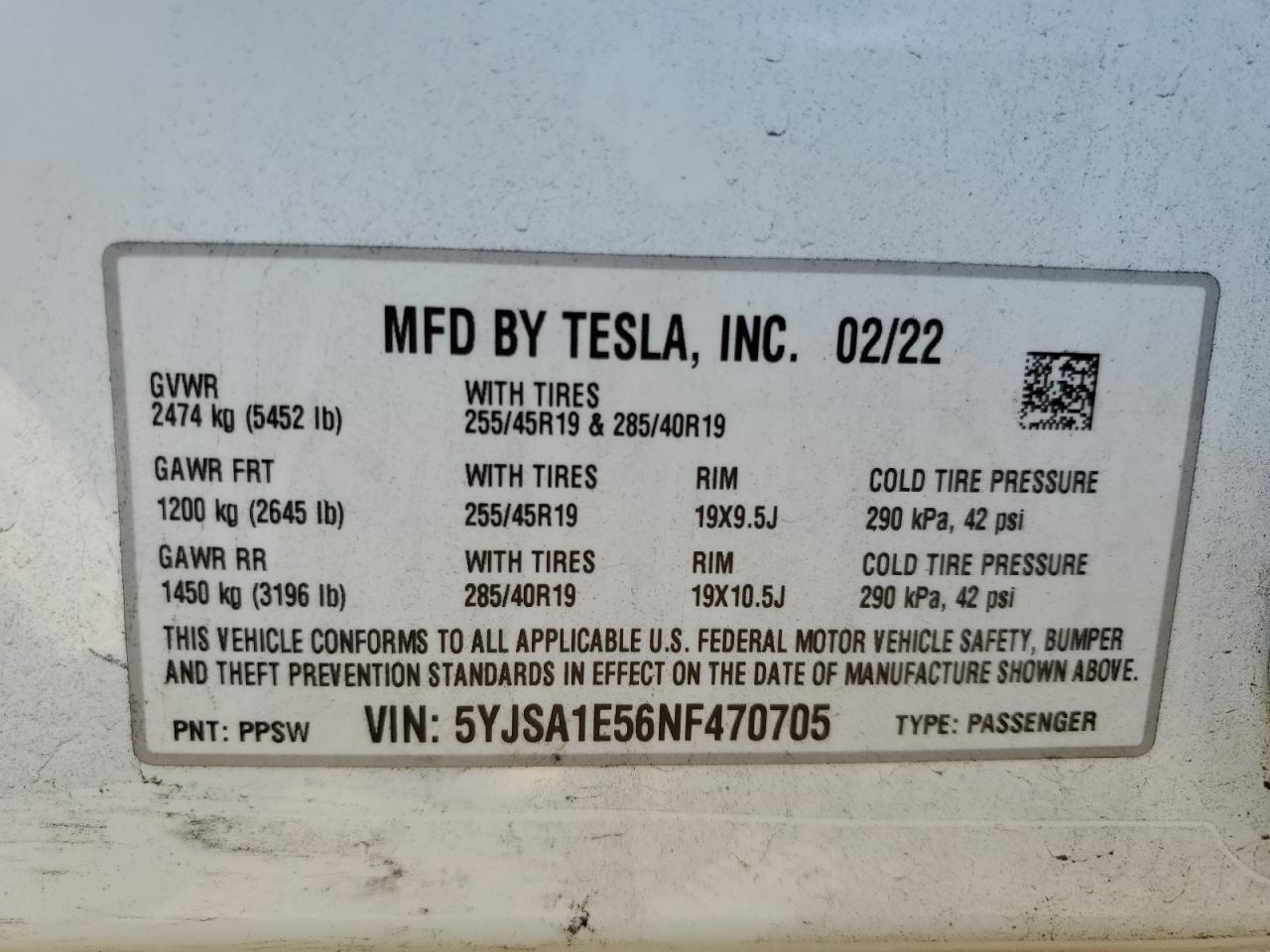 2022 TESLA MODEL S  VIN:5YJSA1E56NF470705